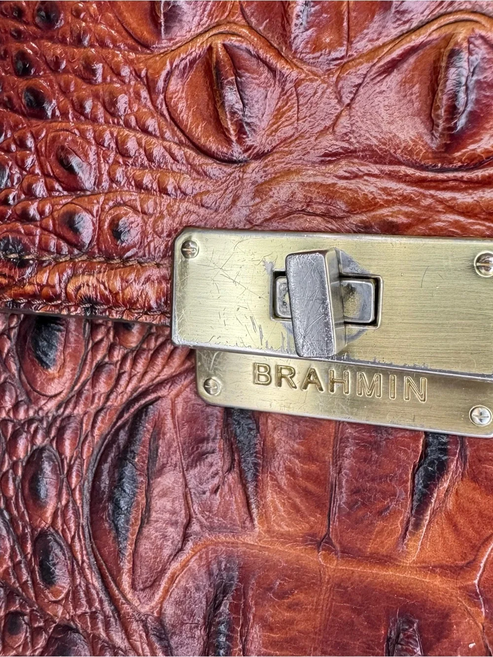 BRAHMIN | Cognac Croc-Embossed Leather Satchel with Gold Hardware